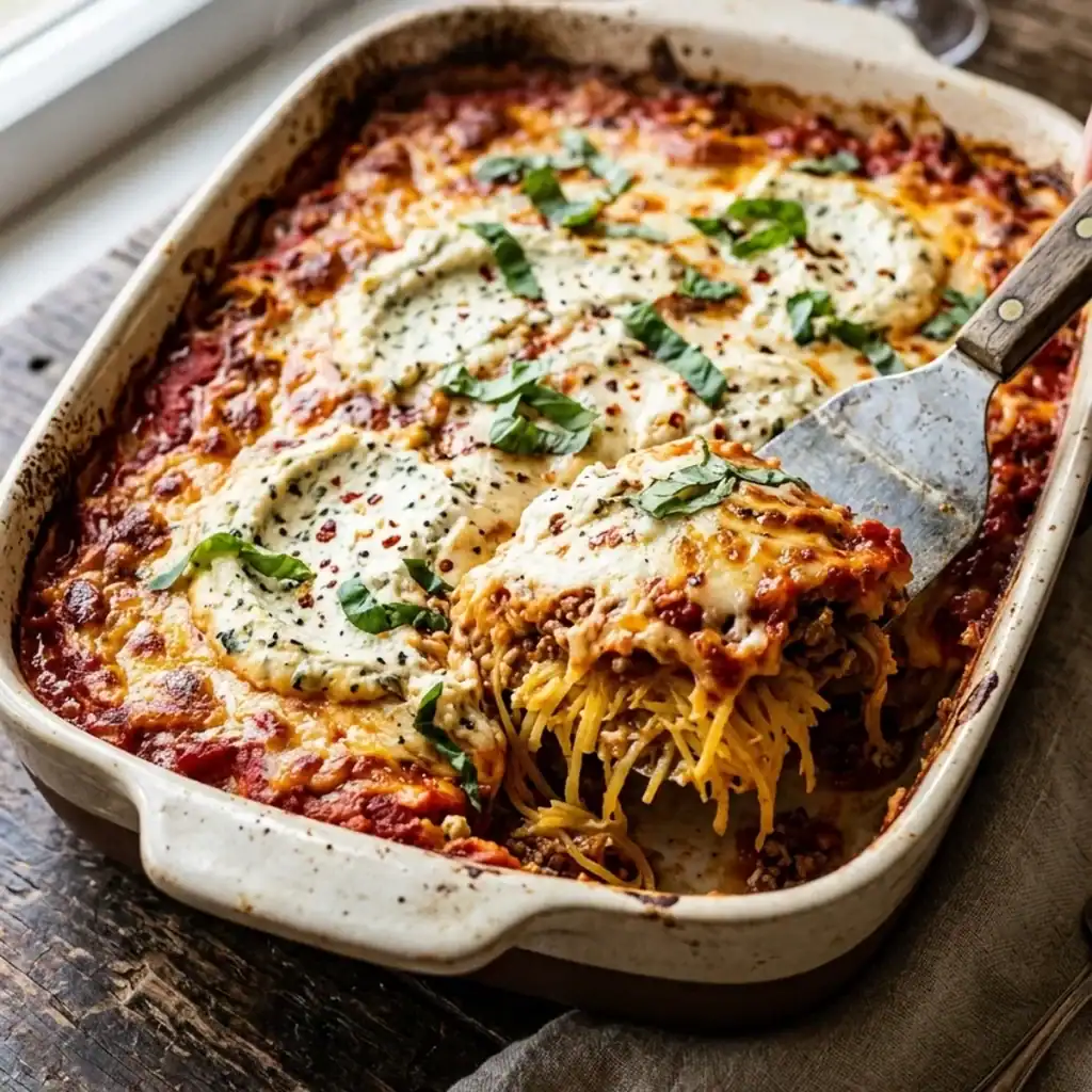 Überbackener Spaghettikürbis im Auflauf mit fruchtiger Tomatensauce, Tofu-Kräuter-Ricotta und frischem Basilikum in einer Keramikform