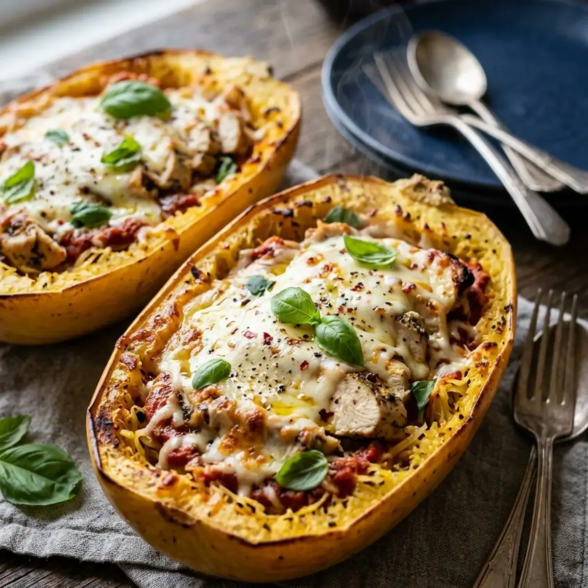 Überbackener Spaghettikürbis mit zartem Grillhähnchen und Mozzarella