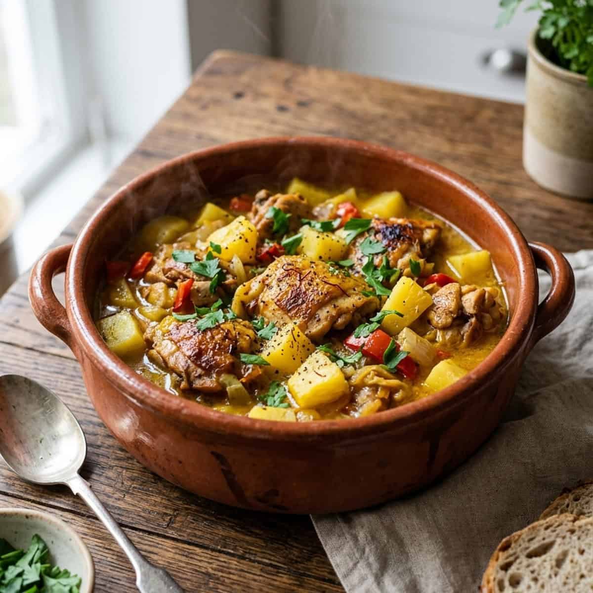 Spanischer Hähnchentopf süß-sauer mit Ananas und Safran