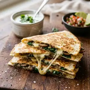 Halbierte, knusprig gebratene Quesadillas mit geschmolzenem Mozzarella, Spinat und Pilzen auf einem Holzbrett angerichtet.