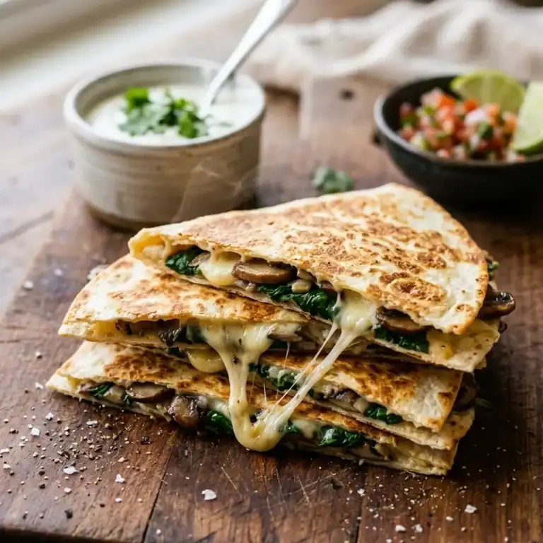 Halbierte, knusprig gebratene Quesadillas mit geschmolzenem Mozzarella, Spinat und Pilzen auf einem Holzbrett angerichtet.