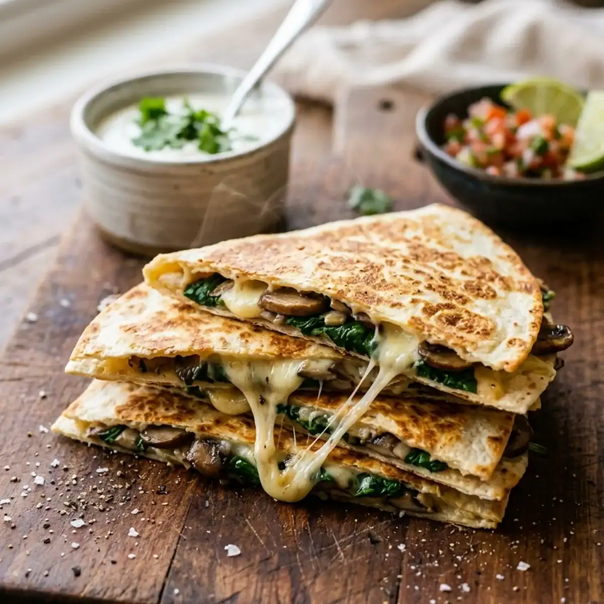 Knusprige Spinat-Champignon-Quesadillas mit geschmolzenem Mozzarella