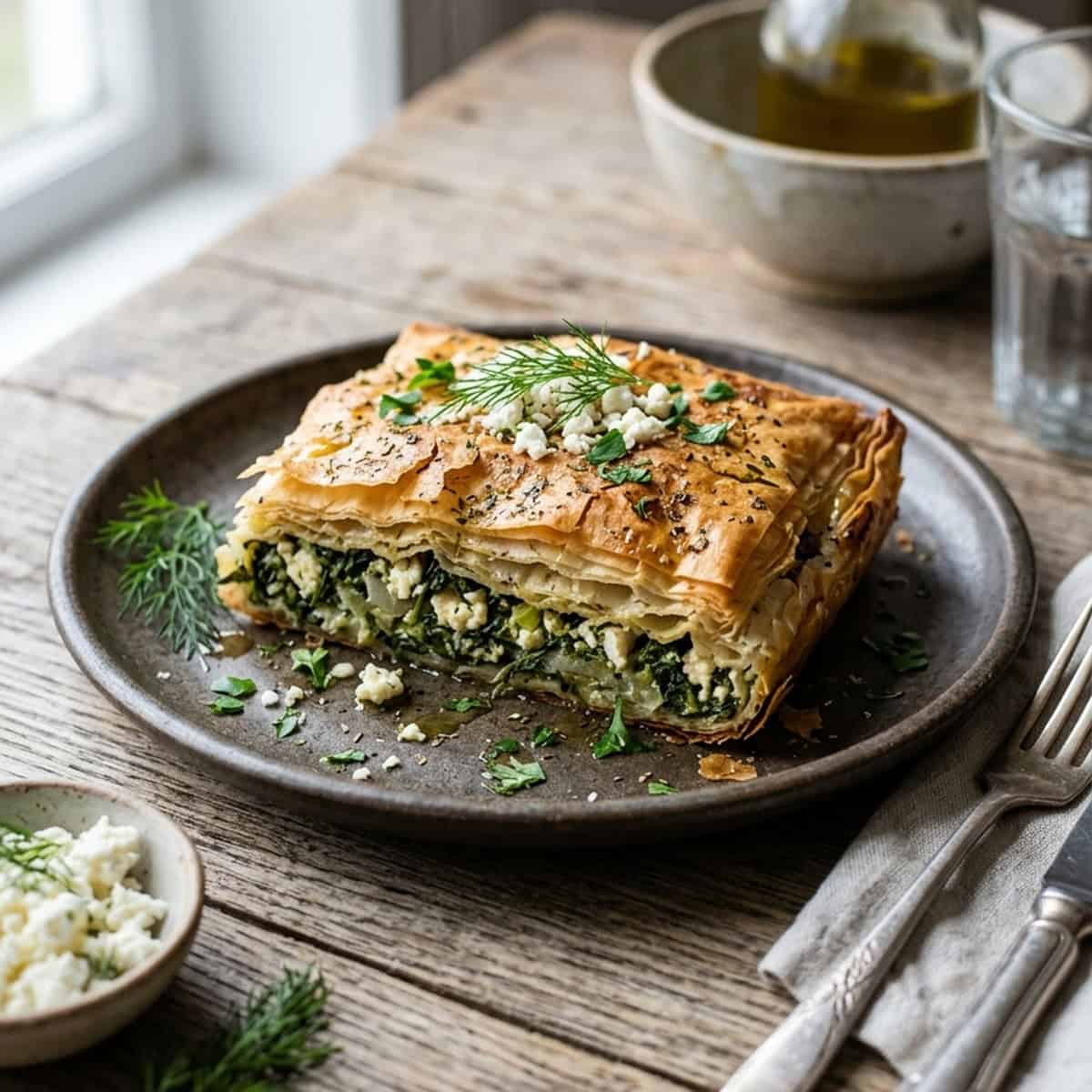 Knuspriger griechischer Spinatkuchen mit Feta und Filoteig