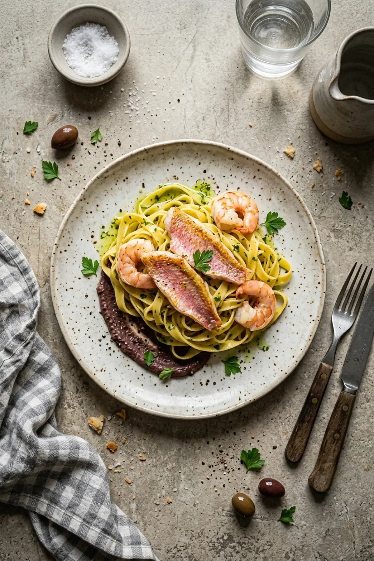 Tagliatelle mit zarten Rotbarbenfilets, Garnelen und Olivencreme