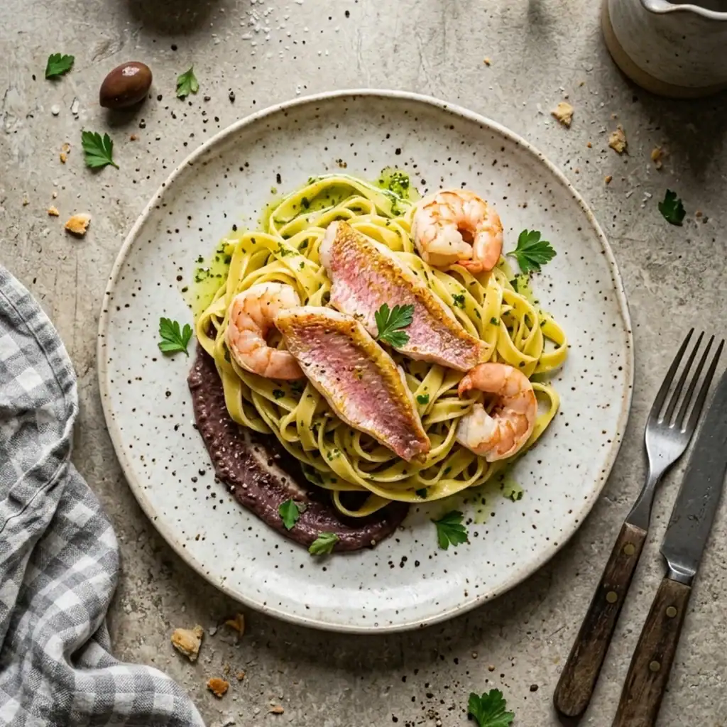 Frische Tagliatelle in Petersilienöl auf einem rustikalen Keramikteller, belegt mit gebratenen Rotbarbenfilets, rosa Garnelen und einem Spiegel aus dunkler Olivencreme.