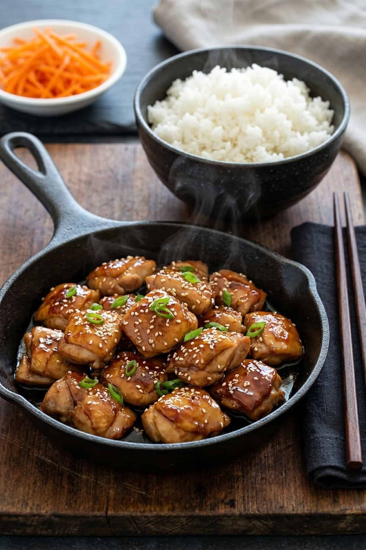 Klassisches Teriyaki-Hähnchen aus der Pfanne serviert im rustikalen Teller bei sanftem Tageslicht