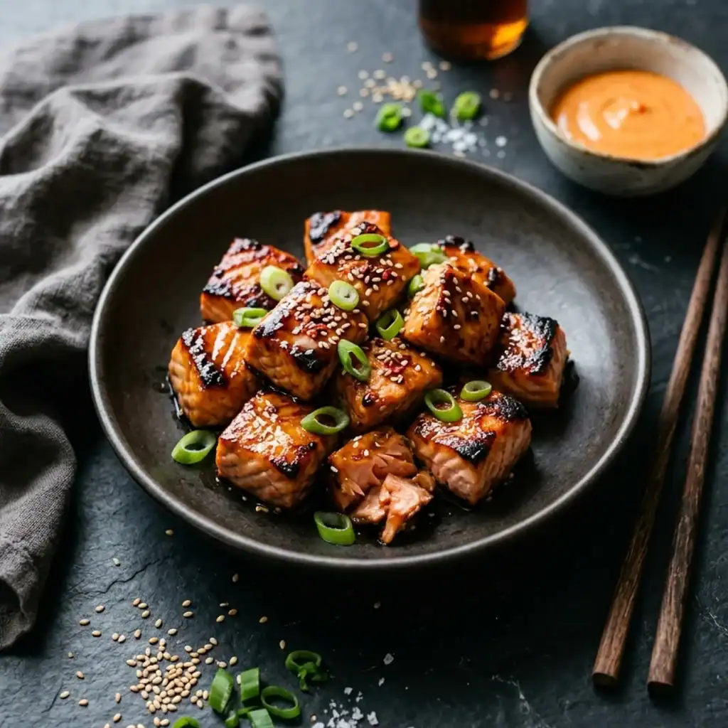 Saftig karamellisierte Teriyaki-Lachswürfel aus der Heißluftfritteuse, bestreut mit Frühlingszwiebeln und Sesam in einer dunklen Keramikschale.