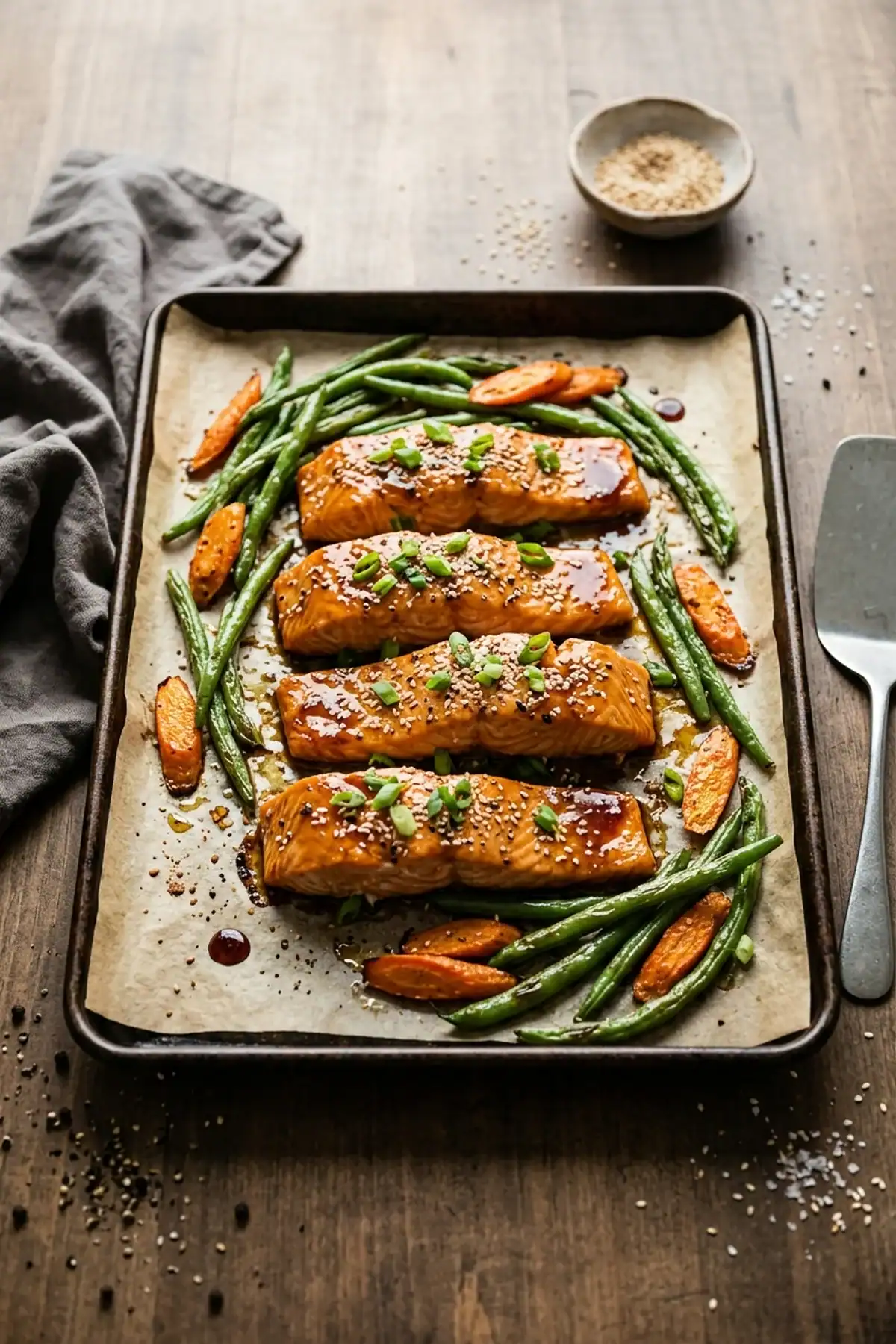 20-Minuten Teriyaki-Lachs vom Blech mit knackigen Bohnen und Möhren