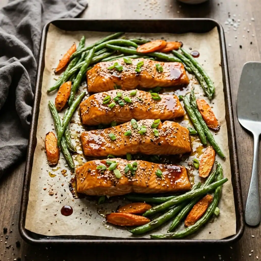 Dunkles Backblech aus der Vogelperspektive mit glasierten Teriyaki-Lachsfilets, gerösteten grünen Bohnen, Möhrenscheiben, Frühlingszwiebeln und Sesam.