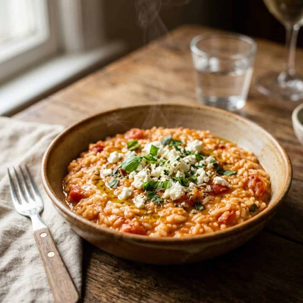 Cremiges Tomaten-Risotto in einer tiefen Keramikschale, garniert mit zerbröckeltem Feta, halbierten Kirschtomaten und frischem Oregano.