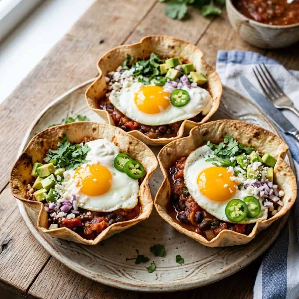 Drei knusprig geformte Tortilla-Bowls gefüllt mit würziger Tomaten-Bohnen-Salsa, pochierten Eiern mit flüssigem Eigelb, frischem Koriander und Avocadowürfeln.
