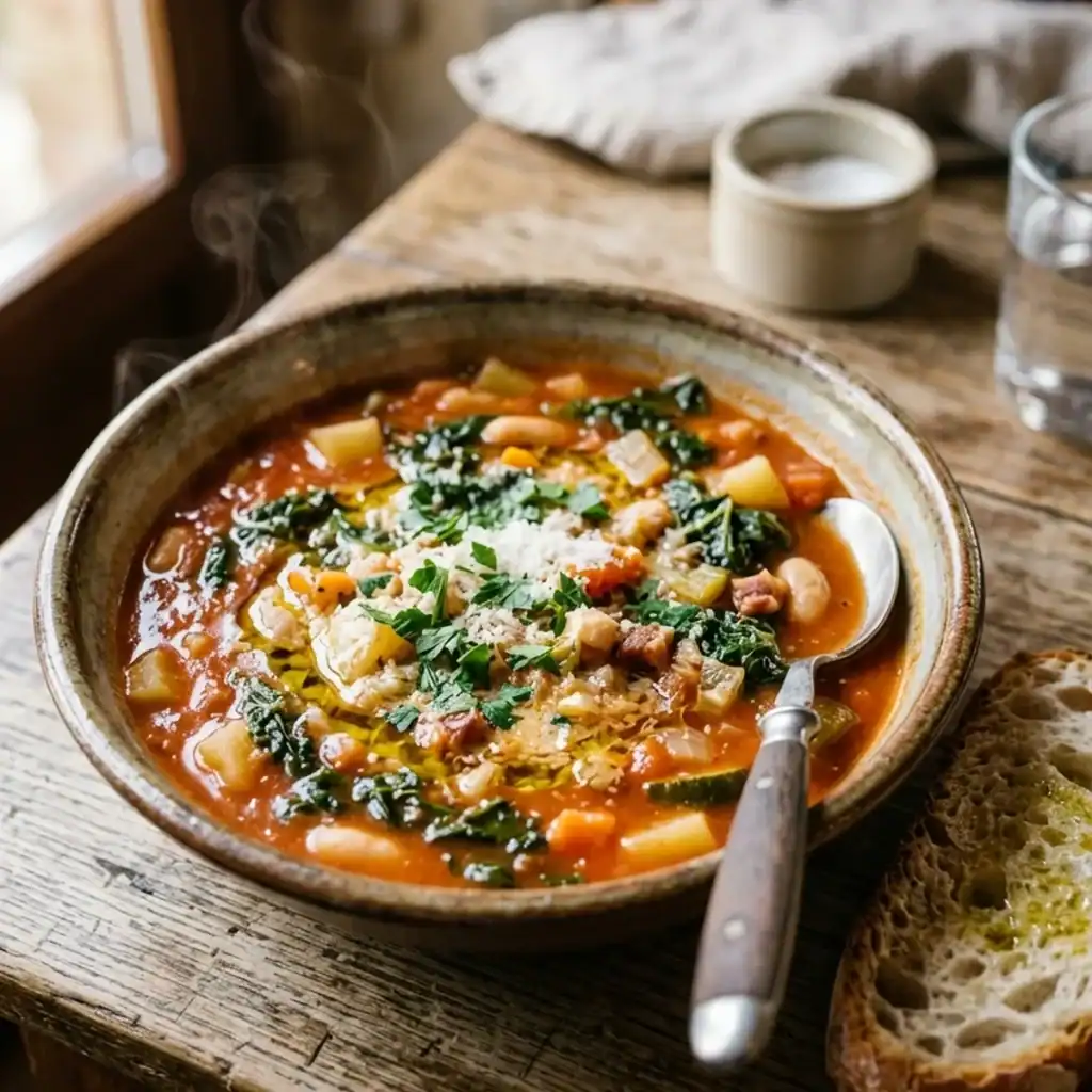 Dampfende toskanische Minestrone mit Schwarzkohl, weißen Bohnen, Kartoffeln und Parmesan in einer rustikalen Tonschale.