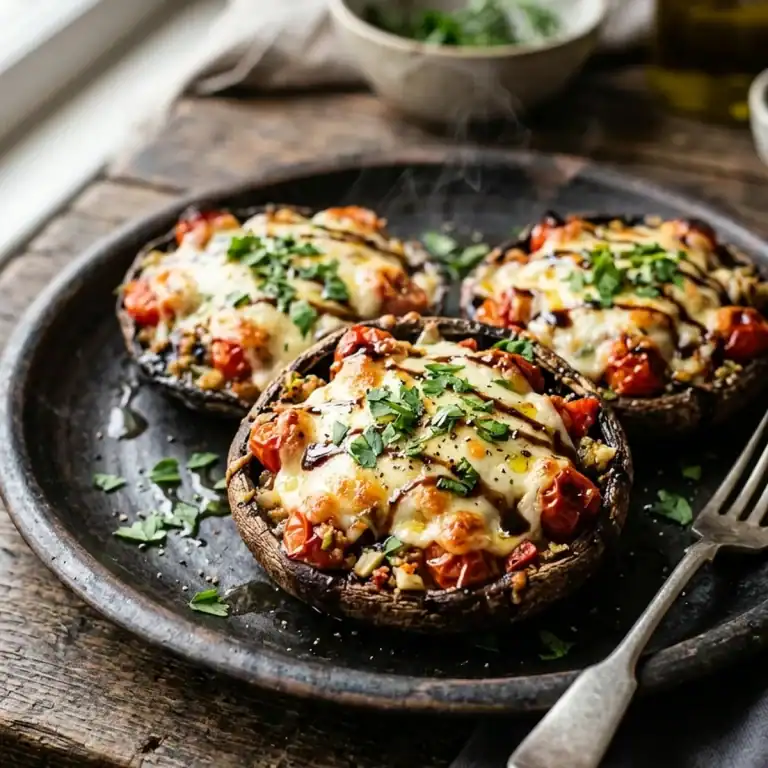 Gebackene Portobello-Pilze gefüllt mit gewürzten Kirschtomaten und überbacken mit geschmolzenem Mozzarella auf einer rustikalen Platte.