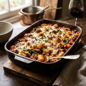 Heißer Gnocchi-Auflauf frisch aus dem Ofen mit gebräunter Mozzarella-Kruste, würziger Salsiccia und dunklem Grünkohl in einer Auflaufform