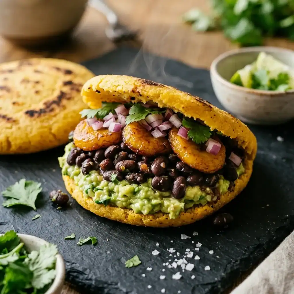 Zwei aufgeschnittene, warm dampfende Maisfladen gefüllt mit Avocadocreme, schwarzen Bohnen, gebratenen Kochbananenscheiben und roten Zwiebeln.