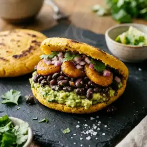 Zwei aufgeschnittene, warm dampfende Maisfladen gefüllt mit Avocadocreme, schwarzen Bohnen, gebratenen Kochbananenscheiben und roten Zwiebeln.