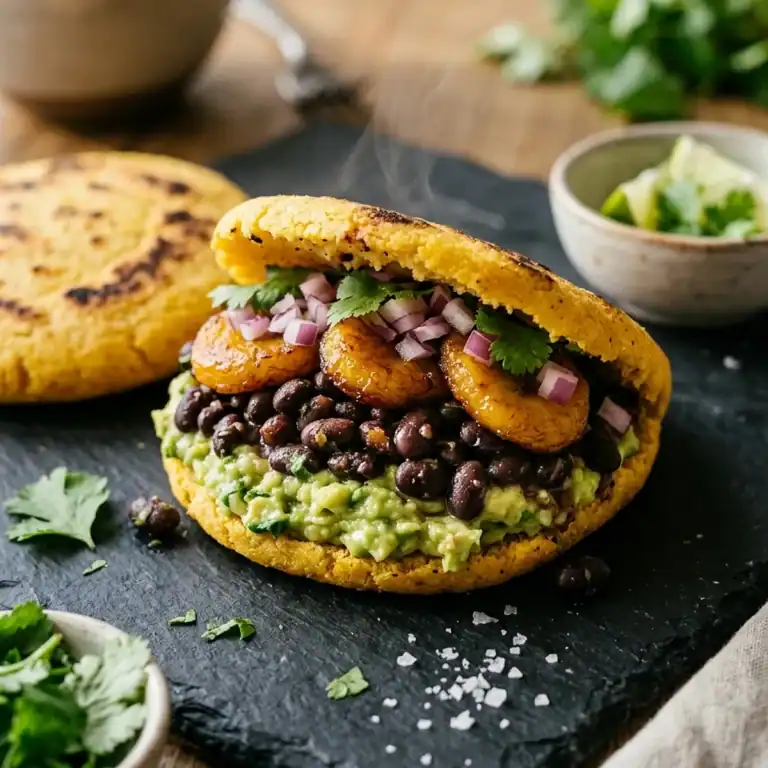 Zwei aufgeschnittene, warm dampfende Maisfladen gefüllt mit Avocadocreme, schwarzen Bohnen, gebratenen Kochbananenscheiben und roten Zwiebeln.