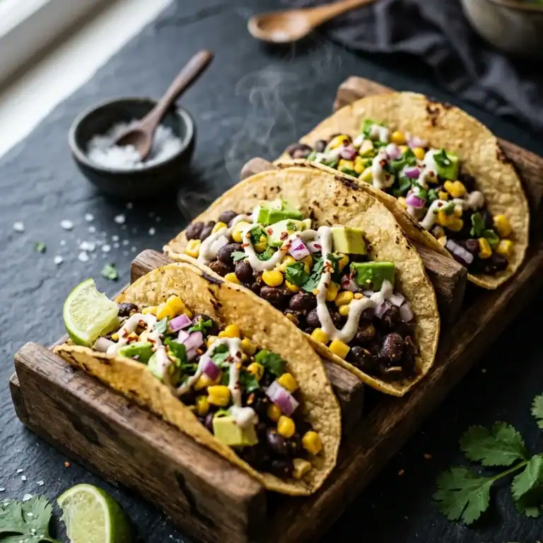 Drei frisch gefüllte Maistortillas mit schwarzen Bohnen, Mais, Avocadowürfeln, roten Zwiebeln und Koriander.