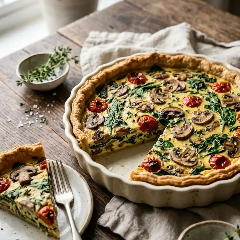 Frisch gebackene vegane Quiche mit goldbraunem Rand, gefüllt mit Champignons, Kirschtomaten und Babyspinat, auf einem Holztisch angerichtet.