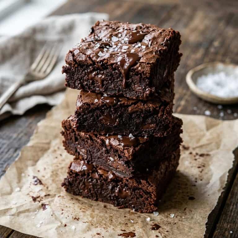 Quadratisch geschnittene, saftig-dunkle vegane Schoko-Brownies mit glänzenden Schokodrops und Nussstückchen auf Backpapier angerichtet.