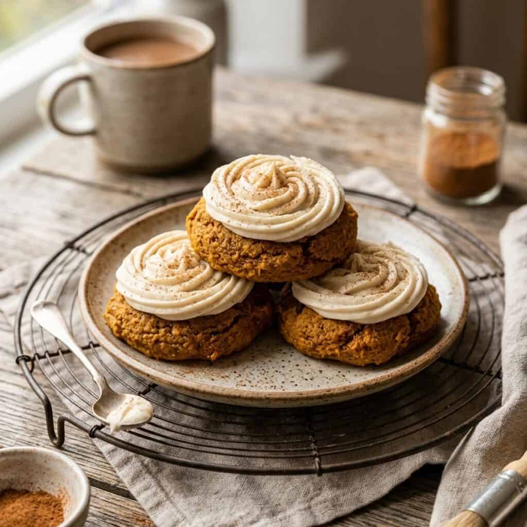 Frisch gebackene, weiche vegane Kürbis-Cookies verziert mit cremig weißem Frosting und einer Prise Zimt auf einem Kuchengitter.