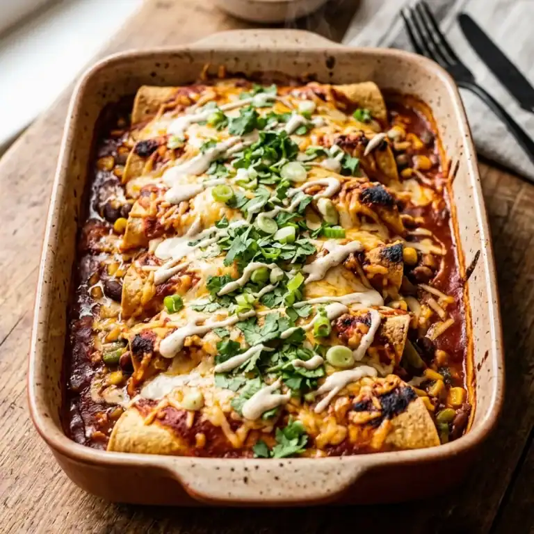 Frisch gebackene vegane Kürbis-Enchiladas in einer Auflaufform, garniert mit Koriander und Limetten.