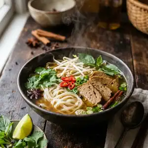 Eine Schale vegane Pho-Nudelsuppe mit klarer Brühe, Reisnudeln, Seitanstreifen, frischem Koriander, Bohnensprossen und Chiliringen.