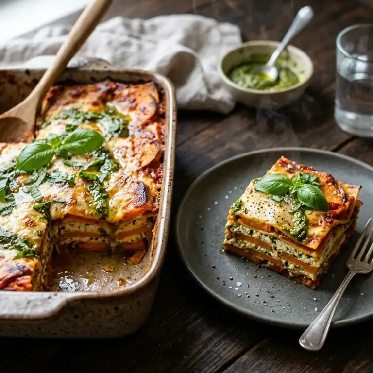 Geschichtete vegane Süßkartoffel-Lasagne mit Tofu-Ricotta und grünem Basilikumpesto auf einem Teller serviert.