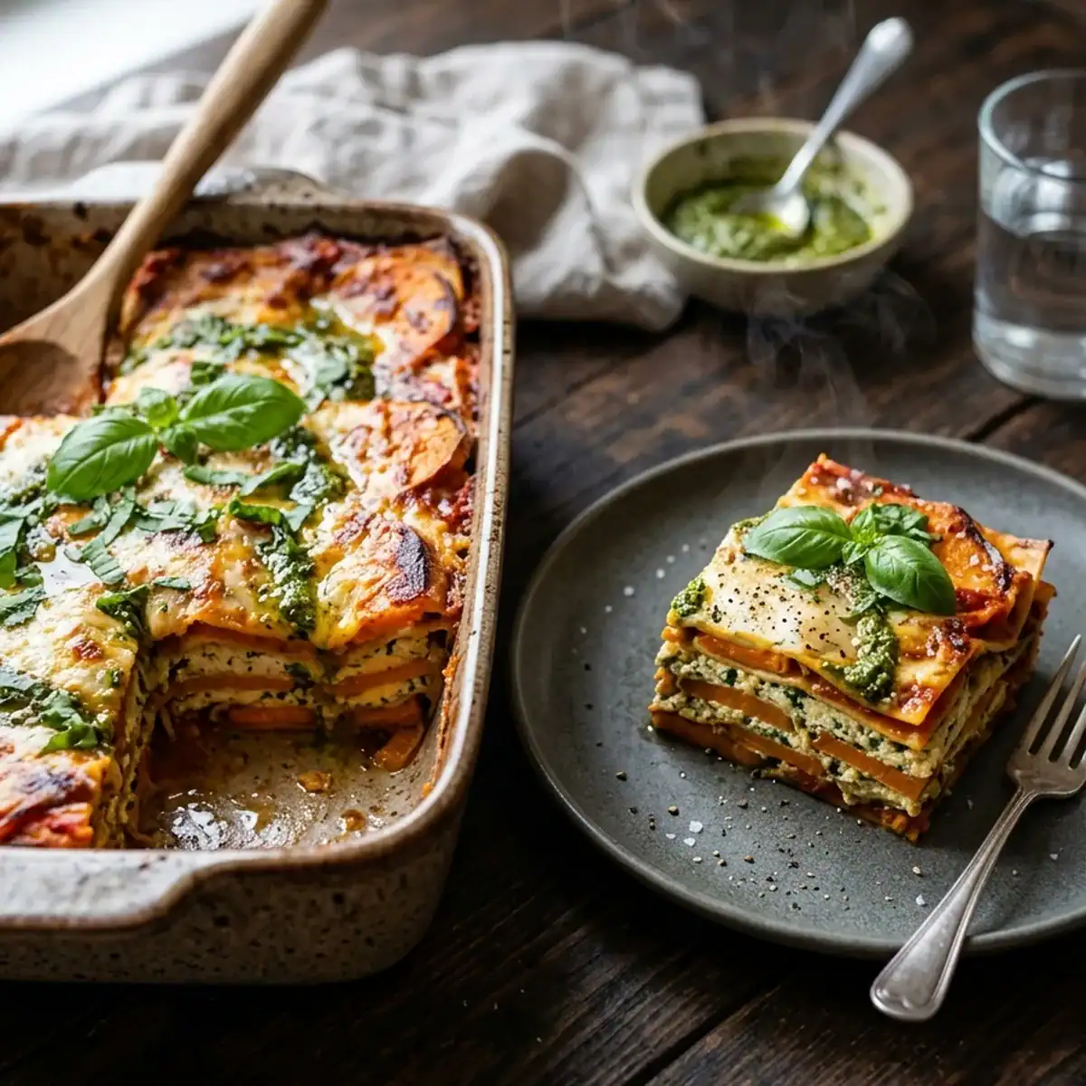 Vegane Süßkartoffel-Lasagne mit Kräuter-Ricotta und Basilikumpesto