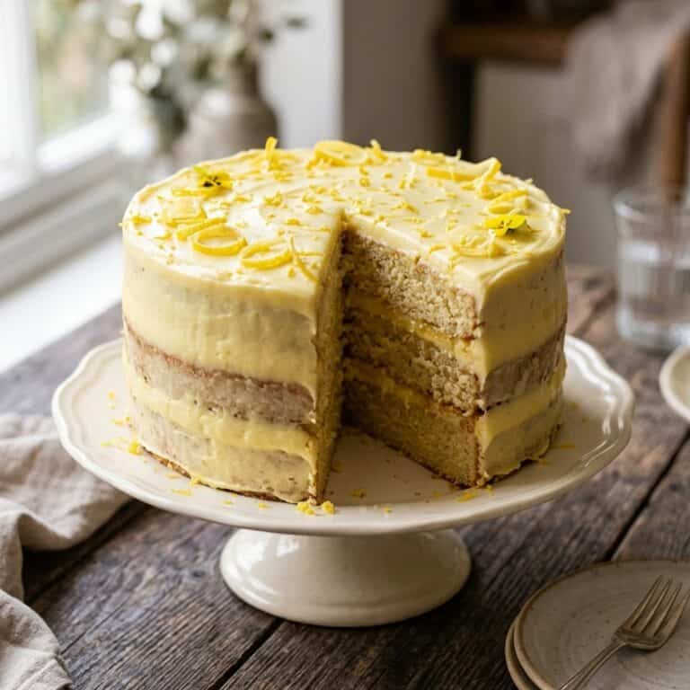Zweistöckige saftige vegane Zitronentorte, bestrichen mit hellem Zitronenfrosting und dekoriert mit feinen Zitronenzesten auf einer Kuchenplatte.