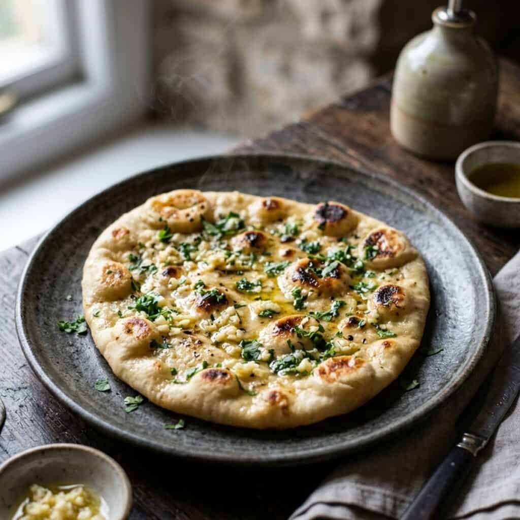 Frisch gebackenes, luftiges veganes Naan-Brot mit goldbraunen Blasen, bestrichen mit Knoblauch-Kräuter-Butter in einer rustikalen Pfanne serviert.