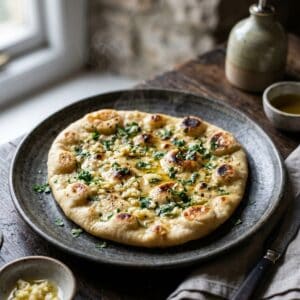 Frisch gebackenes, luftiges veganes Naan-Brot mit goldbraunen Blasen, bestrichen mit Knoblauch-Kräuter-Butter in einer rustikalen Pfanne serviert.