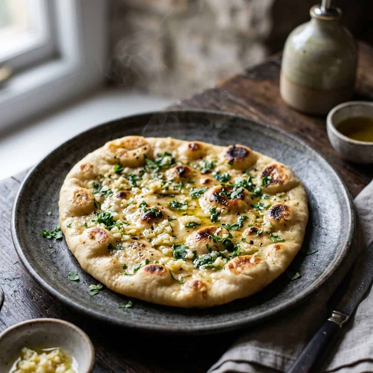 Fluffiges veganes Naan-Brot mit Knoblauch und Kräutern aus der Pfanne