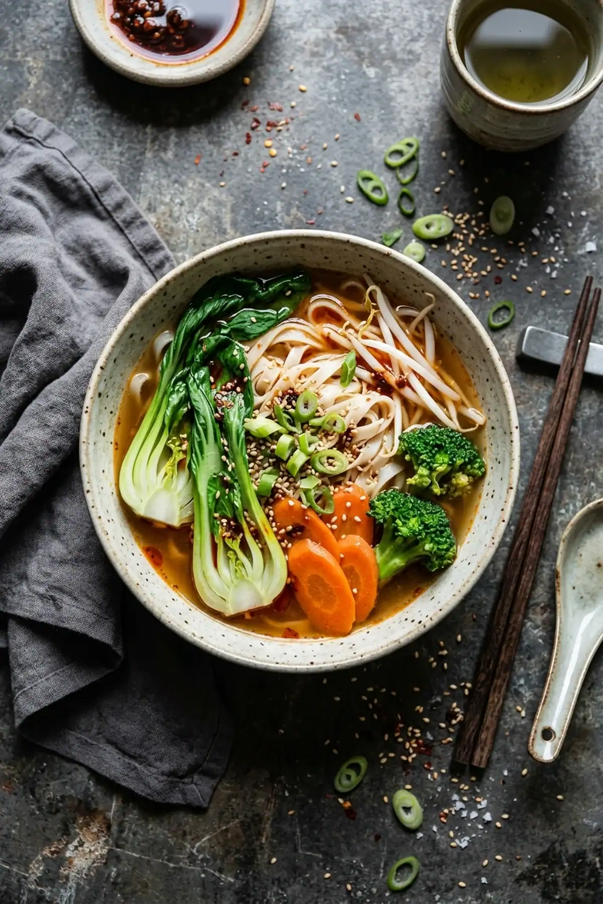 Würzige vegetarische Dan Dan Nudelsuppe mit knackigem Pak Choi
