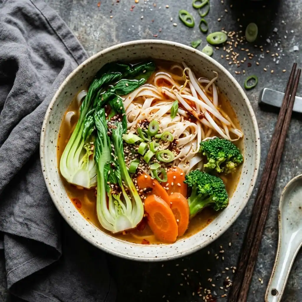 Dampfende asiatische Dan Dan Nudelsuppe mit Reisbandnudeln, Pak Choi, Brokkoli und frischen Sprossen in einer rustikalen Steingutschale