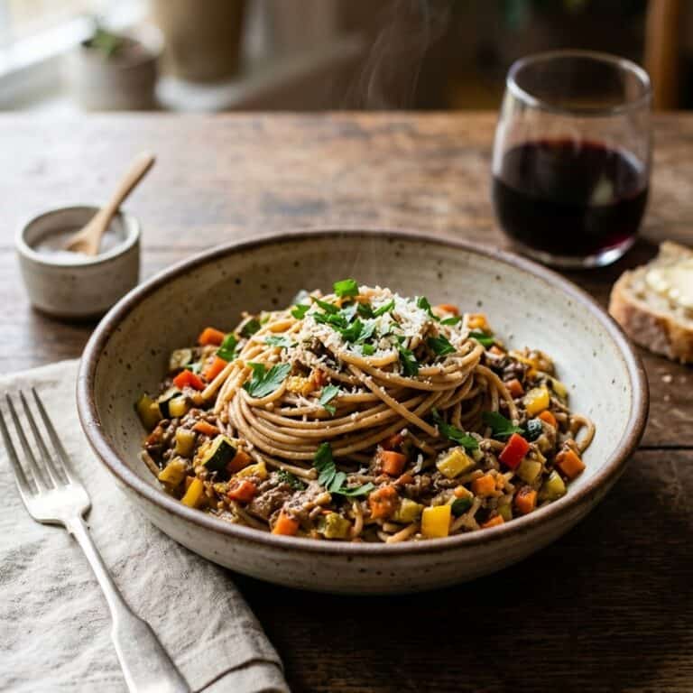 Ein tiefer Teller dampfende Vollkornspaghetti, umhüllt von einer sämigen Gemüsesauce mit Paprika und Zucchini, garniert mit getrocknetem Oregano