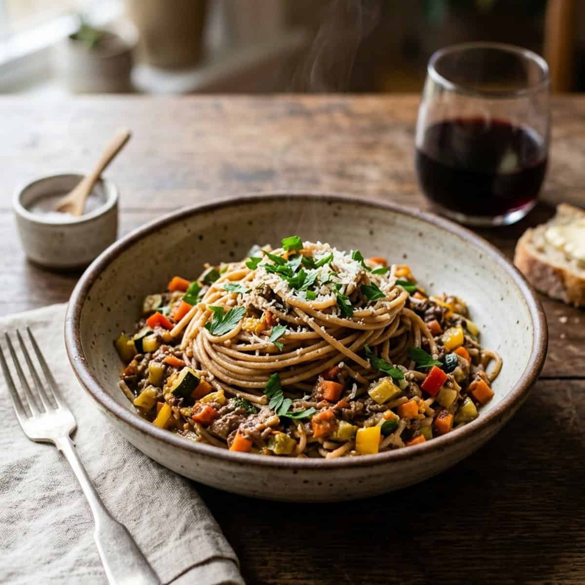 Würzige Vollkornspaghetti mit buntem Schmorgemüse und feiner Pastete