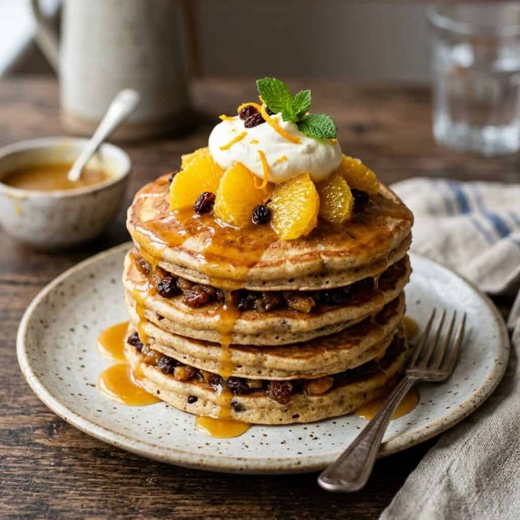 Ein appetitlicher Stapel dicker goldbrauner Pfannkuchen, übergossen mit glänzender Orangen-Buttersauce, garniert mit frischen Orangenfilets und Schlagsahne.