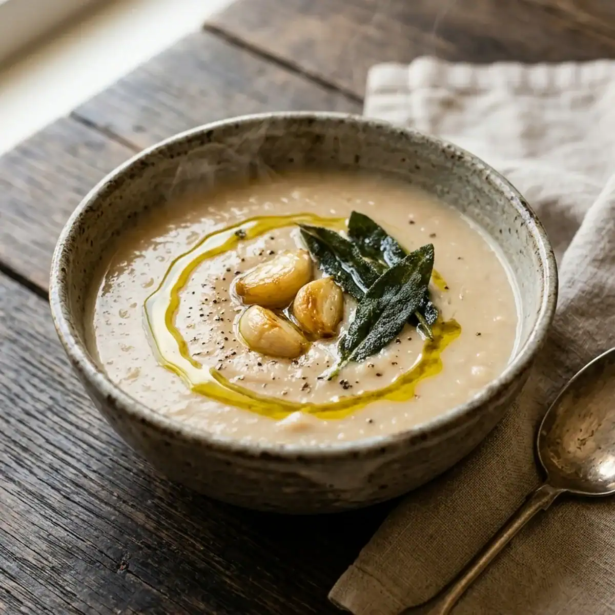 Samtige weiße Bohnensuppe mit Röstknoblauch und Salbei