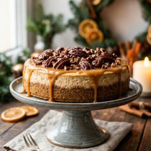 Cremiger No-Bake Cheesecake garniert mit karamellisierten Pekannüssen und herablaufender Salzkaramell-Sauce auf einer Servierplatte