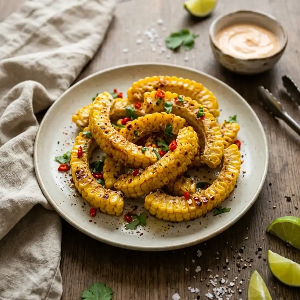 Kross geröstete Corn Ribs auf einem rustikalen Teller aus der Heißluftfritteuse, garniert mit Chili und Koriander neben cremigem Dip.