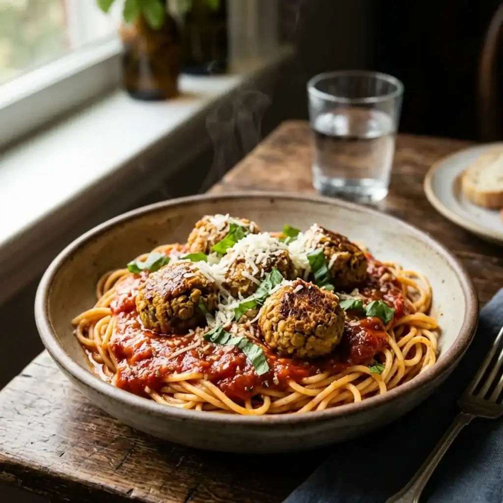 Rustikale Schale mit goldbraun gebratenen Linsen-Bällchen auf Spaghetti in fruchtiger Tomatensauce, garniert mit frischem Basilikum.