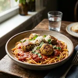 Rustikale Schale mit goldbraun gebratenen Linsen-Bällchen auf Spaghetti in fruchtiger Tomatensauce, garniert mit frischem Basilikum.