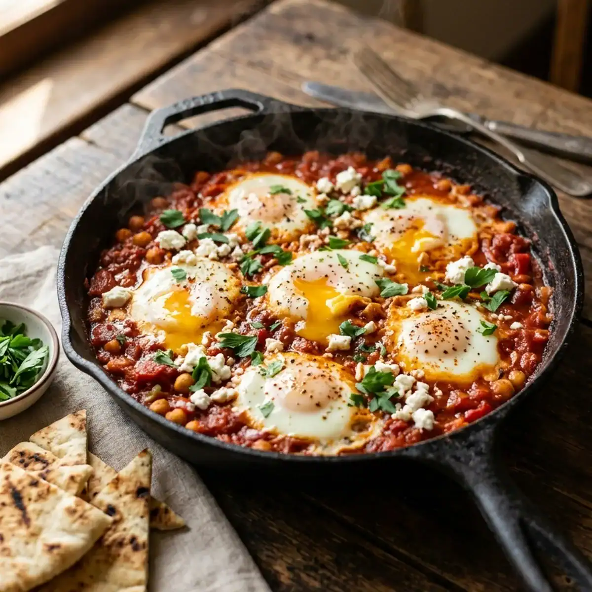 Würzige Shakshuka mit pochierten Eiern und cremigem Feta