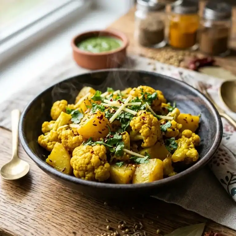 Eine Schale mit dampfendem, goldgelbem Blumenkohl-Kartoffel-Curry, garniert mit frischem Koriander auf rustikalem Holztisch.