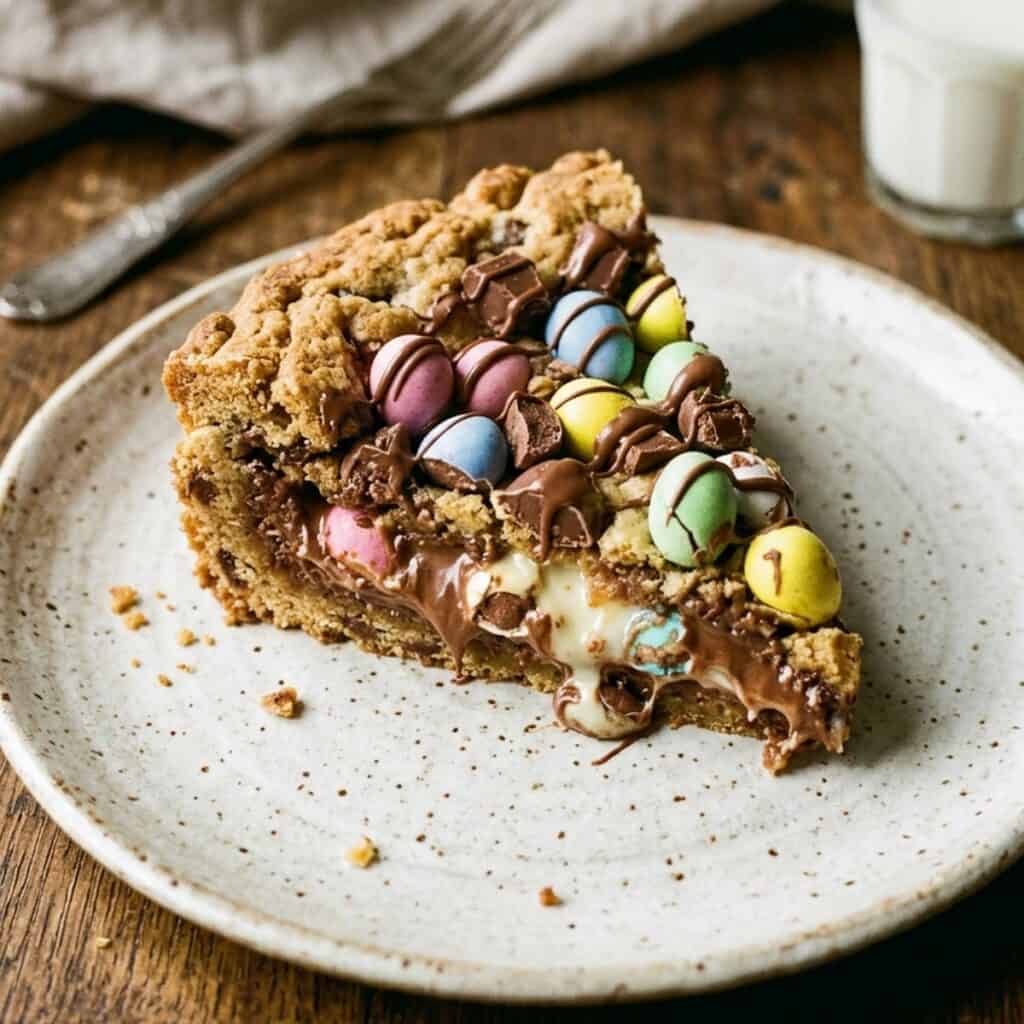 Ein angeschnittener, saftiger XXL-Cookie-Kuchen auf einer Tortenplatte, der die geschmolzene helle und dunkle Schokofüllung mit bunten Zuckereiern im Anschnitt zeigt.