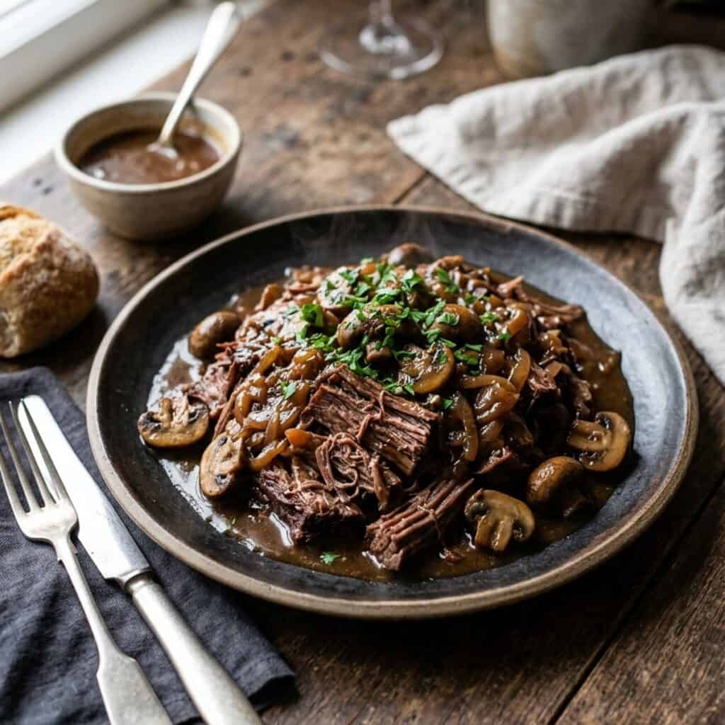 Zart gezupftes Rinderbrustfleisch mit geschmorten Champignons, karamellisierten Zwiebeln und reichhaltiger Bratensauce auf einem rustikalen Teller serviert.