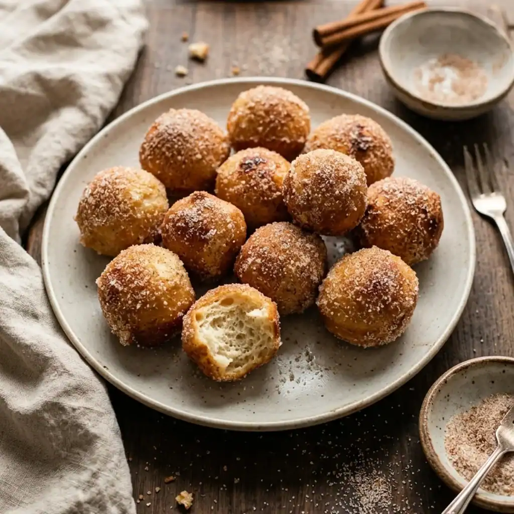 Ein Teller mit goldbraun gebackenen Donut-Bällchen, gewälzt in glitzerndem Zimt und Zucker, aus der Heißluftfritteuse.