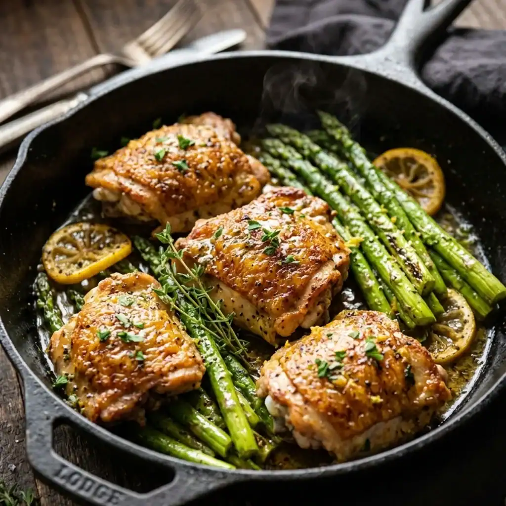 Kross gebratene Hähnchenkeulen mit frischem grünem Spargel, Zitronenscheiben und Thymian in einer dunklen Gusseisenpfanne