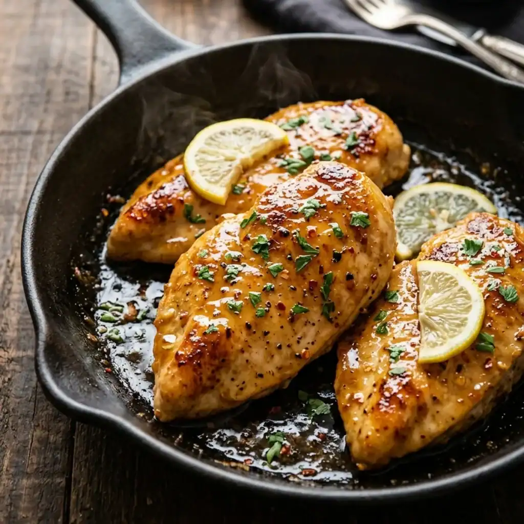 Goldbraun gebratenes Hähnchenbrustfilet mit glänzender Zitronen-Honig-Sauce, garniert mit Zitronenscheiben und Petersilie in einer Pfanne.